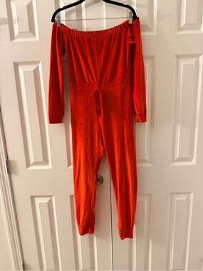 Off-Shoulder Long-Sleeve Jumpsuit in Bright Red